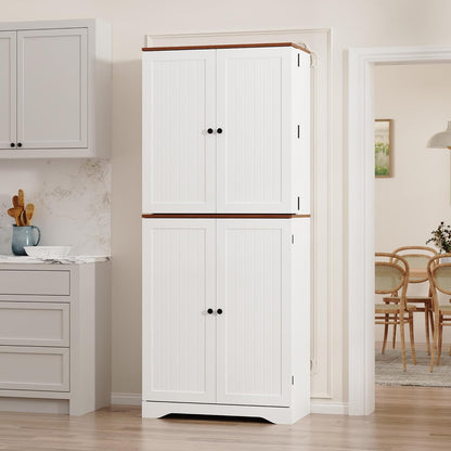 Furnify 72" Tall Kitchen Pantry Cabinet with Door Organizer, White | Farmhouse Rustic Tall Buffet Cabinet with Adjustable Shelves, Freestanding Storage Cupboard for Kitchen Dining Room Bathroom