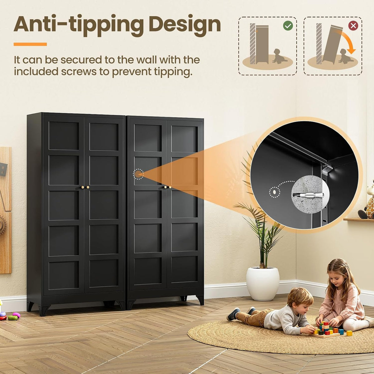 Yizosh Metal Storage Cabinet with 2 Doors and 4 Adjustable Shelves - 71" Black Kitchen Pantry Storage Cabinet,4-Tier Tall Steel Cabinet Locker for Living Room,Dining Room,Kitchen