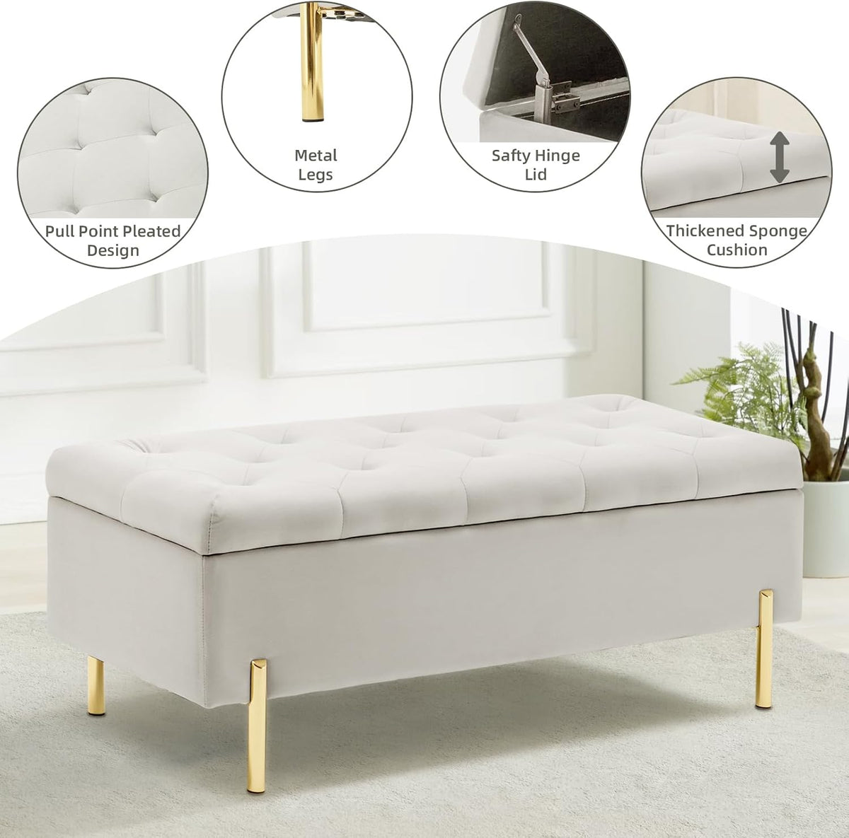 45.6 Inch Velvet Storage Bench Upholstered Tufted Settee Ottoman Bench with Storage, Bed End Bench with Soft Close Lid, for Bedroom, Living Room, Entryway, Rectangular Accent Bench, Beige