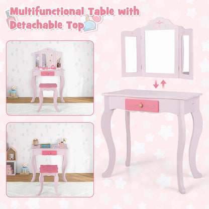 INFANS Kids Vanity, 2 in 1 Wooden Princess Makeup Table and Stool Set with Tri-Folding Detachable Mirror 10 Accessories, Toddler Pretend Beauty Dressing Play for Girls Aged 3+