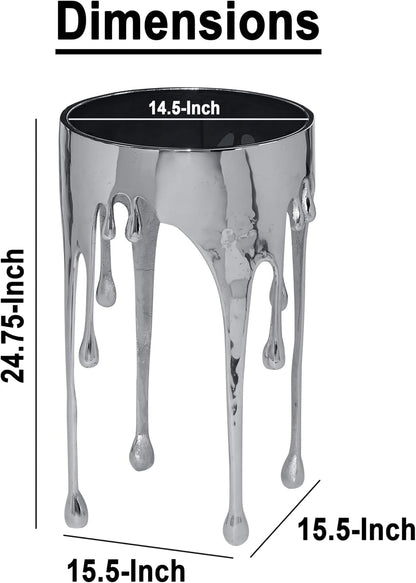TUP THE URBAN PORT Capri Side End Table, 24.75 Inch Round Glass Top, Silver Finish, Melting Drip Design Base, Modern Glam Accent Table for Living Room, Bedroom and Home Decor Display