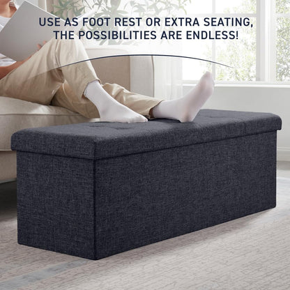 Ornavo Home 43 Inch Folding Extra Large Storage Bench, Linen, Black | Upholstered Tufted Ottoman with Lid; Foot Rest Stool; Ideal for Bedroom, Living Room or Entryway
