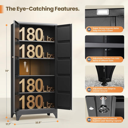 Yizosh Metal Pantry Cabinet,- 72" Black Kitchen Pantry Storage Cabinet with Doos and Adjustable Shelves for Kitchen, Living Room,Dining Room,Home