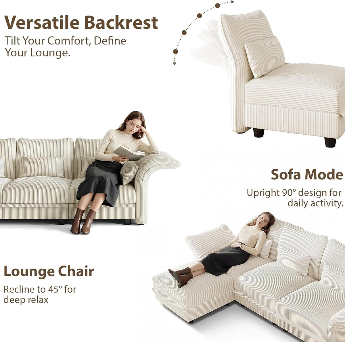 LLappuil 10 Seater Sectional Sofa with Storage, Large U Shaped Modular Sectional Couches for Living Room with Adjustable Arms Backs, Plush Supportive Cushions, 10 Seater, Beige Corduroy | Tool Free Assembly