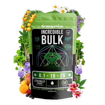 Organic Bloom Booster, Incredible Bulk 0.1-10-25. Organic Vegan Plant Food (1lb)