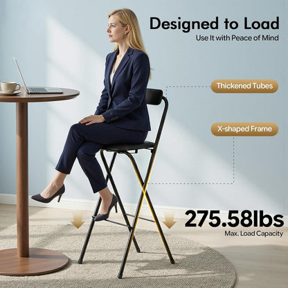 Foldable Bar Chair, 29.53" Tall Folding Chair Portable Stools with Backrest Cushioned Padded for Camping Kitchen Home Office, Load Capacity 275LBS (Black, 1PCS;29.53")