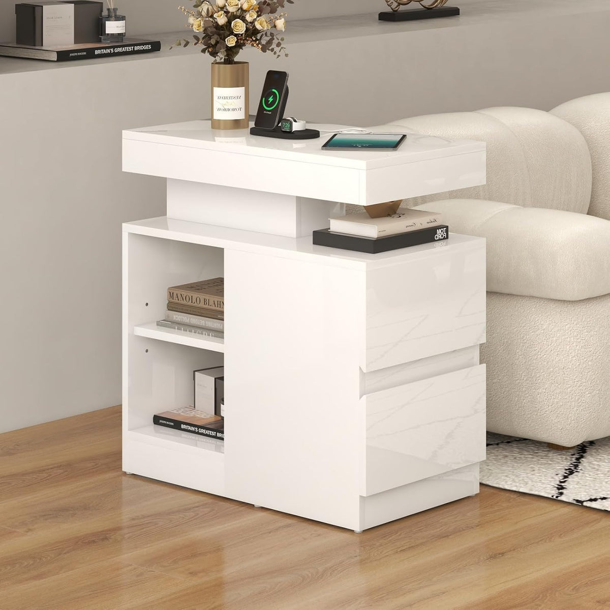OC Orange-Casual LED End Table with Power Outlet, High Glossy Sofa Side Table, Small Nightstand with Drawer and Storage Cabinet, Narrow Side Table with Charging Station for Living Room (1,White)