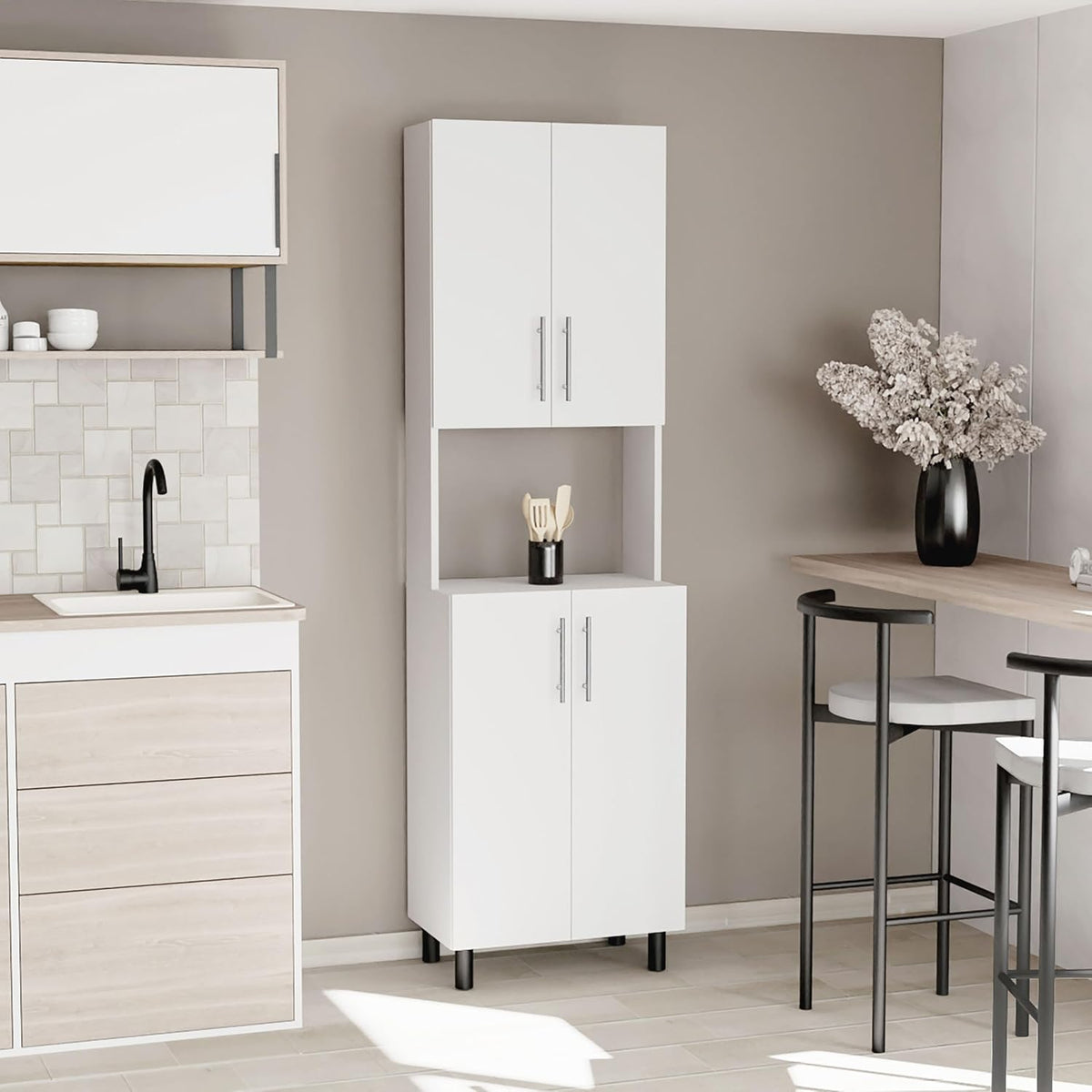 White Kitchen Storage Cabinet: Compact 76.8" Tall Double Door Pantry with Hutch & Shelves - Wood Frame Modern Design for Small Space Organization in Apartments & Homes