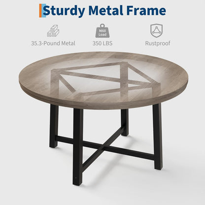 GarveeHome 47 in Round Dining Table, Industrial Dinner Table for 4 to 6, Wooden Kitchen Table with Sturdy Metal Frame & Rustic Gray Finish, Circle Kitchen Table for Dining Room, Kitchen （No Chairs）