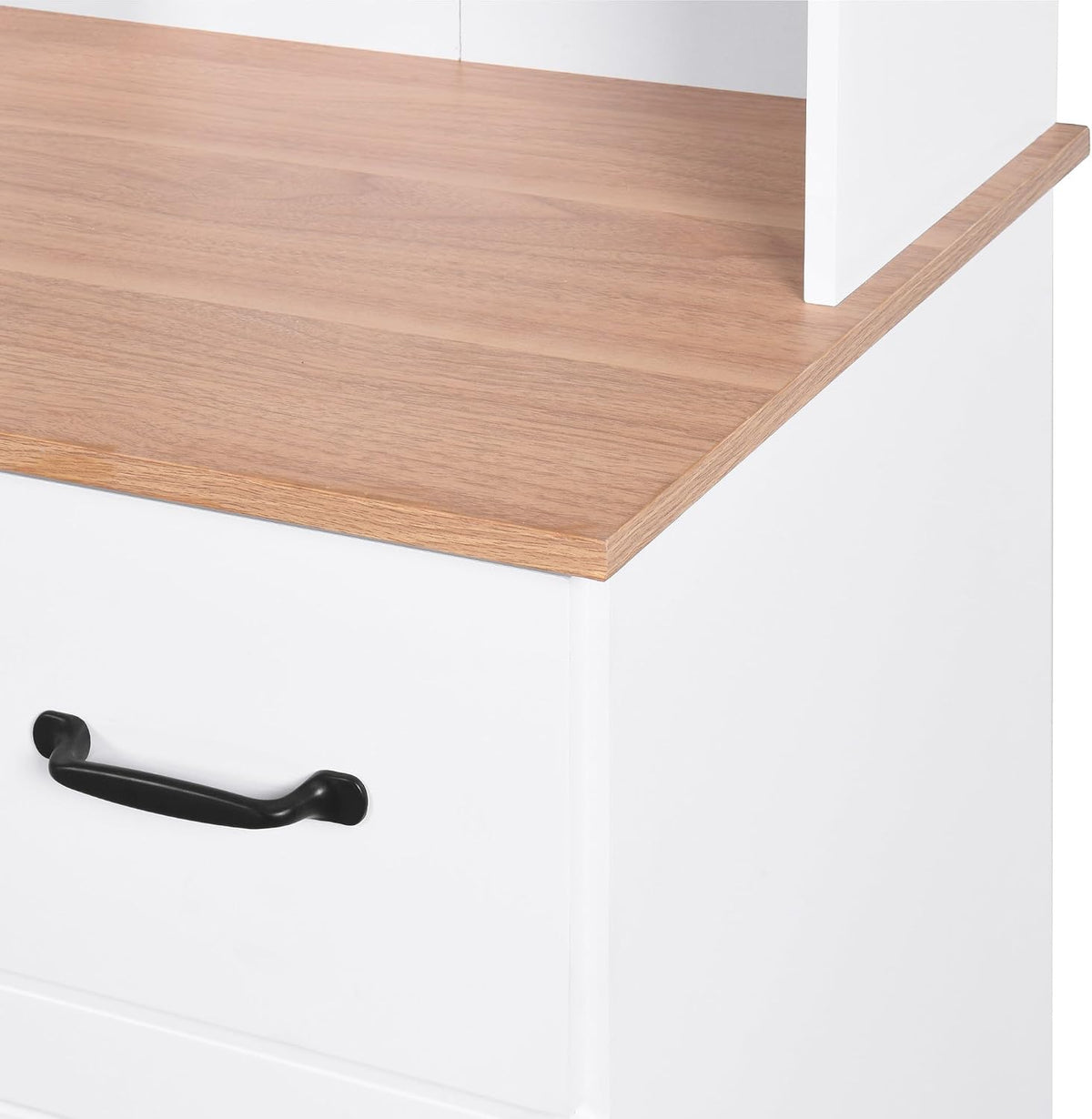 Kitchen Pantry Storage Cabinet with Framed Glass Doors and Drawer, Microwave Stand with Adjustable Shelves, Freestanding Cupboard for Kitchen, Dining Room or Apartment