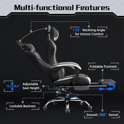 Yaheetech Gaming Chair with Footrest Massage Lumbar Pillow Black and White | Foam-padded PU leather racing seat and plush headrest recline with a slide-out footrest; metal frame supports up to 300 lb.