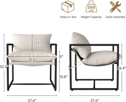Kromax Sling Accent Chair, Set of 2, Cozy Living Room Chairs, Beige | Cozy Living Room Chairs, Square Metal Frame, Upholstered Soft Cushion, Sponge, 27.6"x27.6“x32.3, Easy Assembly