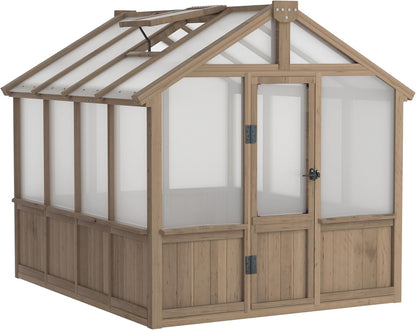 6x8 FT Greenhouse Kit for Outdoor, 6MM Thick Polycarbonate Panel Wooden Walk-in Green House with Lockable Door and Adjustable Roof Vent, Backyard Garden, Light Mocha Brown