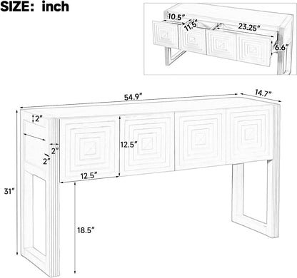 55 Inch Console Table with Geometric Carved Front | Pine wood and MDF build, 54.9 in sofa table, geometric carved front, soft-close storage, for entryway, living room, hallway