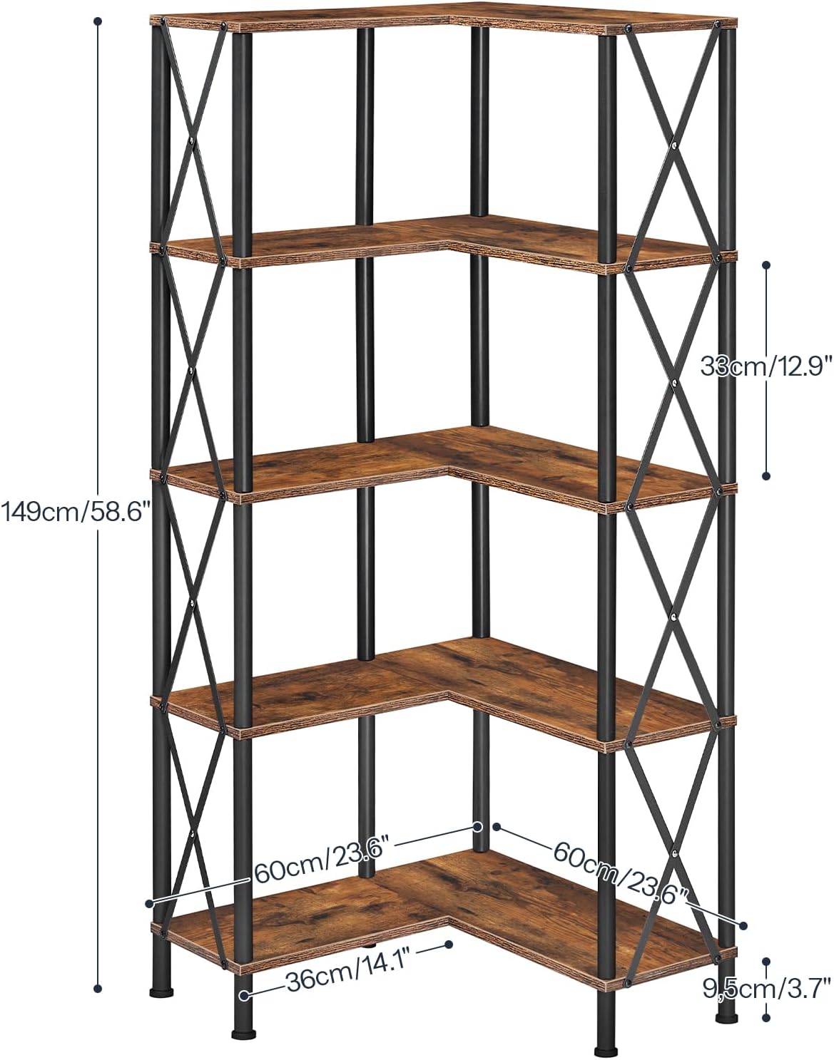 HOOBRO Corner Bookshelf, 5-Tier L-Shaped Bookcase, Industrial Open Display Shelf Tall Storage Organizer, Vertical Storage Rack, for Living Room, Home Office, Rustic Brown and Black BF60SJ01