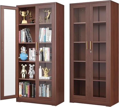 71" Display Cabinet, Metal Kitchen Storage Cabinet, Curio Display Case with Glass Doors and 4 Adjustable Shelves, Locking Cabinets for Kitchen, Hallway, Living Room, Wood Color -Assembly Required