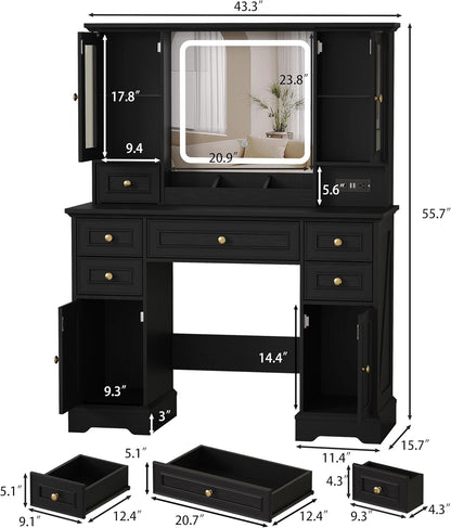 HUANLEGO Farmhouse Makeup Vanity Desk with Mirror and LED Lights, Black | Vanity Mirror with Lights Desk for Women, Makeup Table Set with RGB Cabinet and 6 Drawers, Charging Station, 3 Light Modes