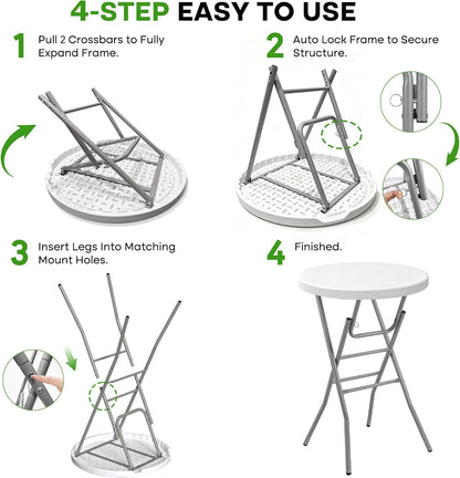 VECELO 28" Round Cocktail Table, Folding Bar Height Table with Removable Legs, 43.3" Tall Portable Plastic Bistro High Top for Indoor Outdoor Wedding Events, Patio, Backyard, Home Parties, White