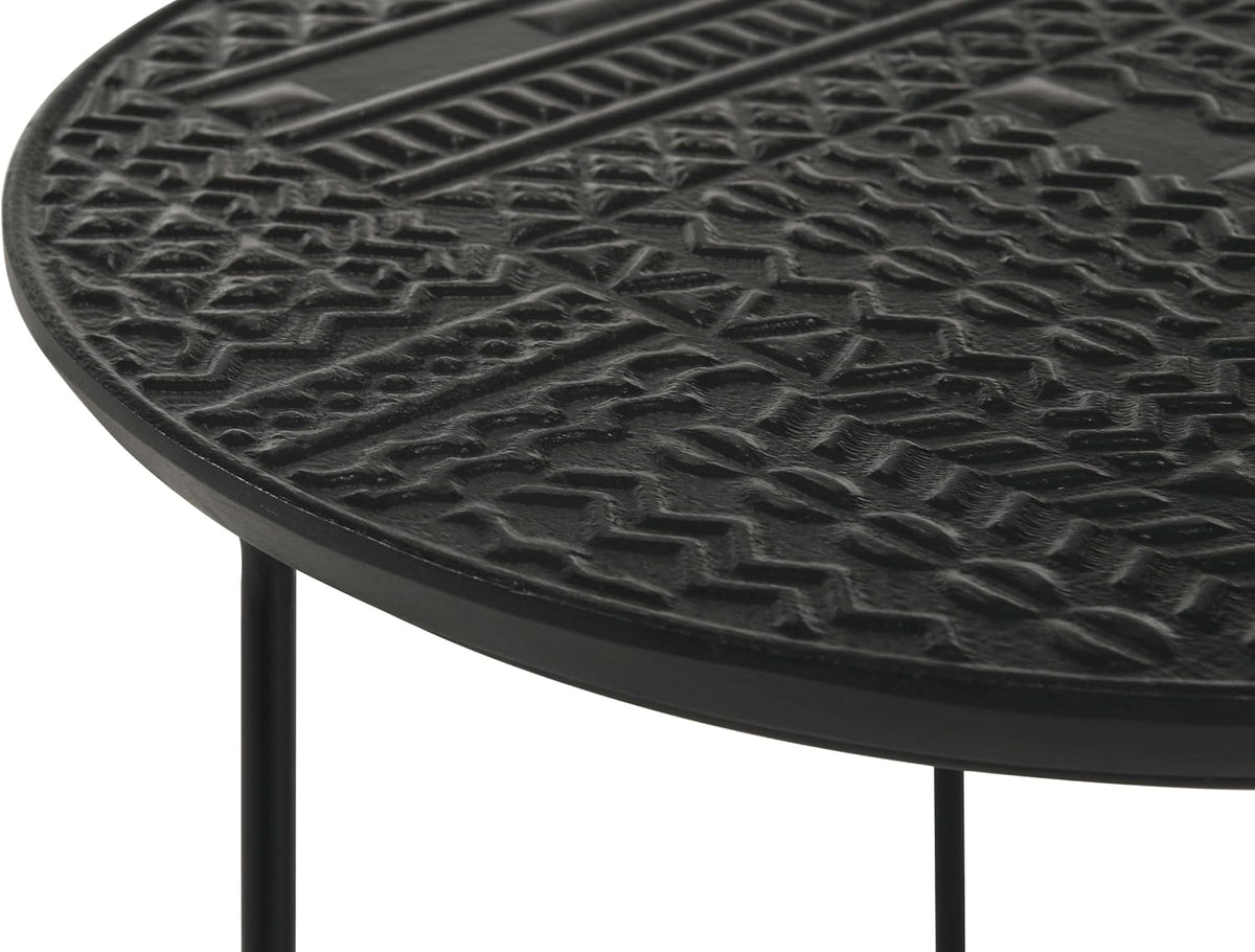 20" Sturdy Metal Frame Nesting Coffee Table, Boo Coffee Table with Embossed Tribal Pattern, Nesting Side Tables with Mango Wood top for Modern Indoor Spaces, Black