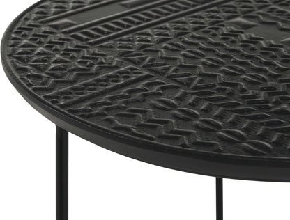 20" Sturdy Metal Frame Nesting Coffee Table, Boo Coffee Table with Embossed Tribal Pattern, Nesting Side Tables with Mango Wood top for Modern Indoor Spaces, Black
