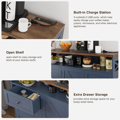 Befrases Farmhouse Buffet Cabinet with Drawers & Open Shelf, Sideboard with Storage, Kitchen Pantry Cabinet Hutch, Coffee Bar Station for Kitchen, Livingroom, 47" L Blue