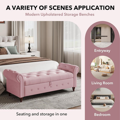 63" Wide Storage Bench, Velvet Upholstered End of Bed Bench with Pull Ring Design, Storage Shoe Cabinet Bench with Rolled Arm, Modern Window Bench for Bedroom (Pink)