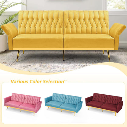 70” Velvet Futon Sofa Bed w/Adjustable Armrests & 2 Pillows, Convertible Futon Couch w/Adjustable Backrests, Modern Sleeper Bed for Living Room, Bedroom, Yellow