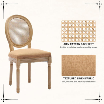Vintage French Rattan Dining Chairs Set of 4, Round Back Accent Chairs with Rattan Backrest and Upholstered Linen Seat, Solid Wood Frame Sillas de Comedor for Dining Room & Kitchen, Camel