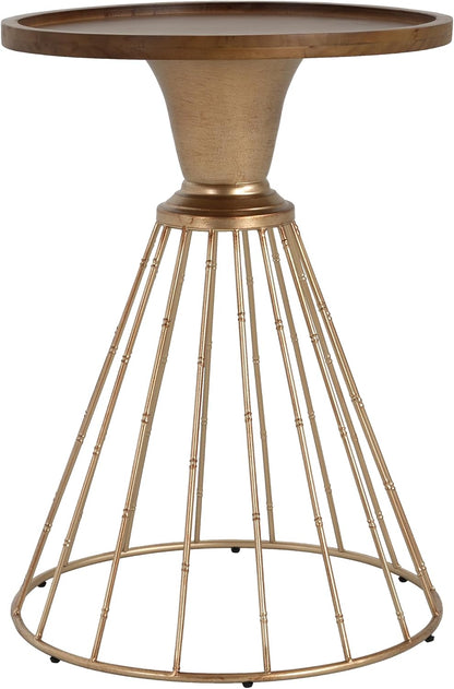 Vintage-Inspired Pine Side Table with Cut-Out Edge, Antique Gold & Natural Finish - Ready to Use