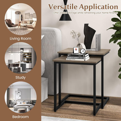 Giantex Nesting Coffee Table Set of 3, Stackable Square End Table w/Wood Grain Tabletop & Heavy-Duty Metal Frame, Farmhouse C-Shaped Accent Table for Small Space, Living Room, Bedroom (Black Oak)