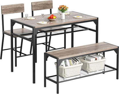 Shintenchi Kitchen Table Chairs Set of 4 with Bench and Chairs, Oak Gray | Dining Table Set for 4, 4 Pieces Kitchen Table Set, Storage Rack & Metal Frame, for Small Space, Upgrated Leg Support