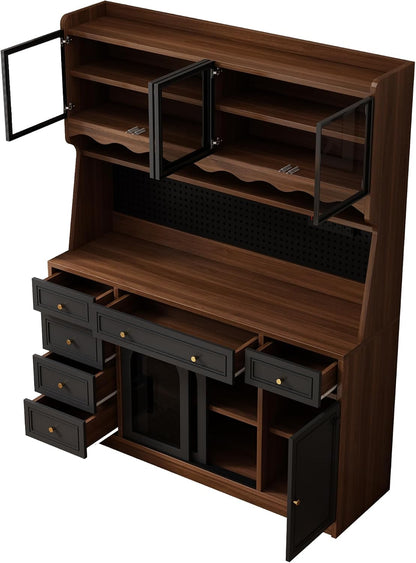 63'' Kitchen Pantry Cabinet with Power Outlet,Large Kitchen Hutch Cabinet with 6 Drawers and Adjustable Shelves,Wood Buffet Cabinets for Dining Room and Living Room(Black and Walnut)