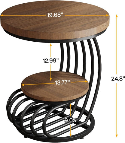 LITTLE TREE Round Side Table, Wood End Table with 2-Tier Storage Shelf, Accent Coffee Table, Curved Metal Frame End Table for Small Spaces, Living Room, Bedroom, Light Brown + Black