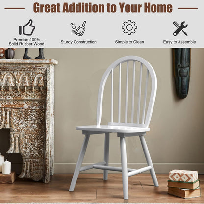 COSTWAY Windsor Dining Chairs Set of 2, Mid-Century Modern Wood Chairs w/Spindle Back & Reinforced H-Shaped Legs, Farmhouse Armless Kitchen Chair for Living Dining Room, Restaurant (White)