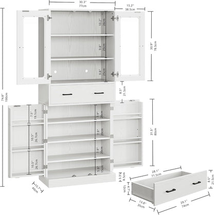 IRONCK 74.8" Tall Kitchen Pantry, Storage Cabinet with LED Lights, Kitchen Cabinet with Acrylic Glass Door, Drawer and Adjustable Shelves, for Dining Room, White