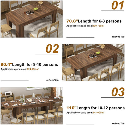 70.8"-110" Extendable Dining Table for 6-12 Person, Wooden Dining Room Table, Modern Extendable Table for Gatherings, Meeting for Small Kitchens, Dining Office Areas(Walnut)