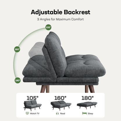 Marsail 66.02" Futon Sofa Bed, Convertible Couch & Sleeper Sofa, Light Grey | Versatile 2-in-1 Futon Sofa Bed with Adjustable Backrest & Armrests, Perfect for Small Apartments & Guest Rooms