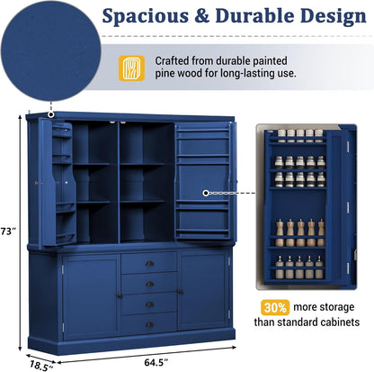 73" H Large Kitchen Pantry with Storage, Freestanding Wooden Cupboard with 4 Drawers,Cabinet Door Organizers and Adjustable Shelves for Kitchen, Dining Room, Blue