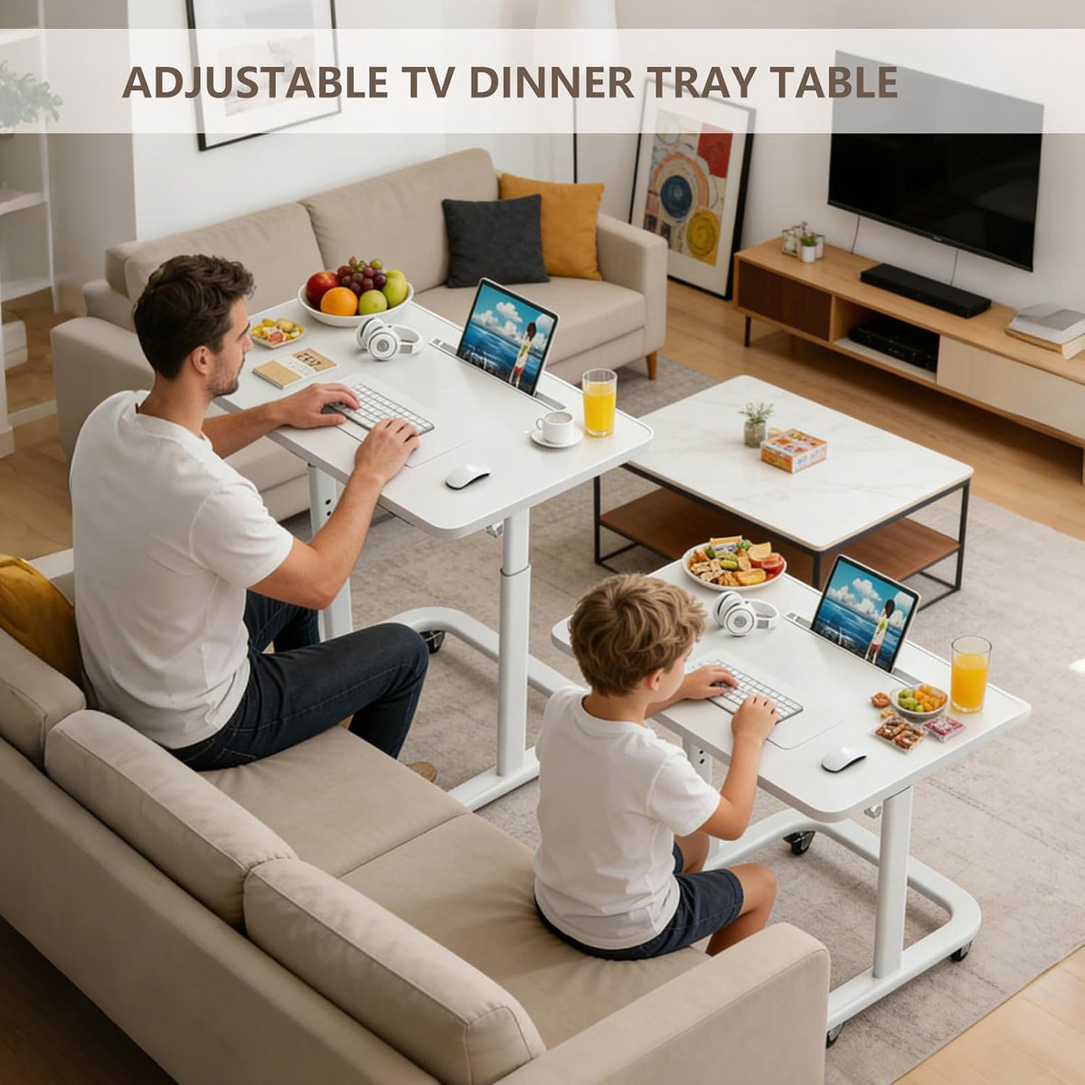 BeGyoku TV Dinner Tray Table,TV Trays for Eating on Couch,Height Adjustable TV Tray Table with Wheels,C Shaped End Table with Slot,Standing Rolling Laptop Desk&Wooden Snack Tray for Bed&Sofa&Recliner