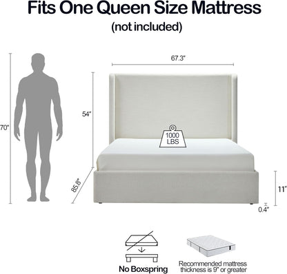 Queen Size Upholstered Platform Bed Frame, 54" High Headboard Carmen Wingback Bed, Fully Upholstered Mattress Foundation, No Box Spring Needed No Noise, Minimalist, Textured Ivory