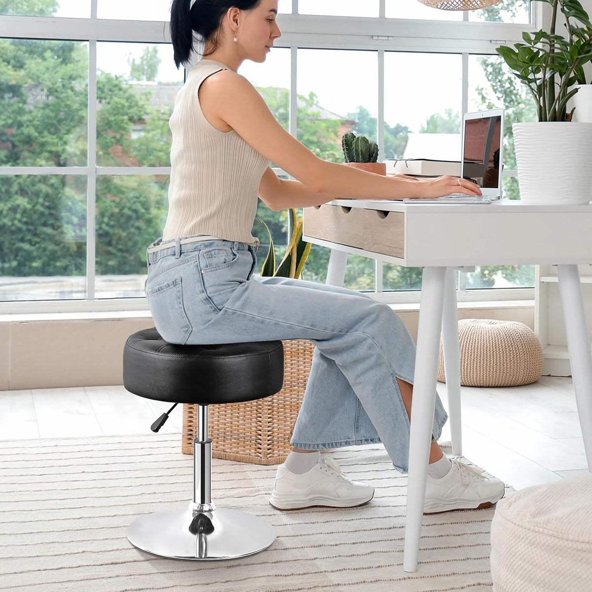 SUPER DEAL Vanity Stools for Makeup, Vanity Ottoman Chair with Adjustable Height and 360° Swivel for Makeup Room Bedroom Living Room, Black