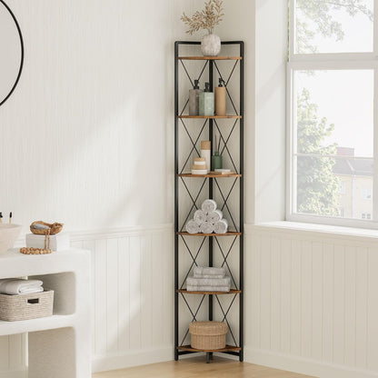6 Tier Corner Shelf Stand, 78" H Tall Industrial Corner Bookshelf for Living Room Decor, Metal Corner Shelf, Plant Stand Display Shelf for Bedroom, Bathroom, Small Space, Rustic Brown