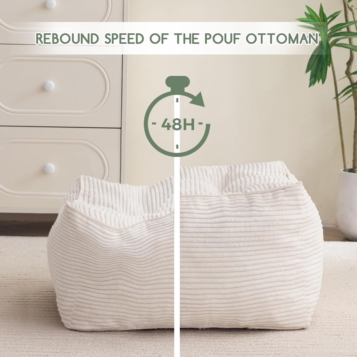 HIGOGOGO Square Stuffed Pouf Ottoman, Corduroy Poufs with Foam Chunk Filling, Furry and Fluffy Pouf Foot Stool Storage Ottoman, 21 X 21 Floor Poufs Foot Rest for Living Room, Beige