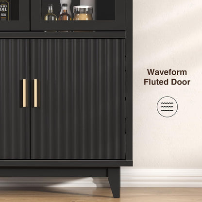 FiveWillowise Kitchen Pantry Cabinet with Glass Doors - Arched Design, Solid Wood Legs, Artistic Fluted Door, Adjustable Shelves, 70.8" Curved Storage Cabinet for Kitchen, Dining Room