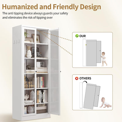 Kitchen Pantry Cabinet, 72" H Storage Cabinet with Glass Doors and Adjustable Shelves, Spacious Cupboard with Round Handles, Metal Kitchen Cabinet for Dining Room, Living Room, White
