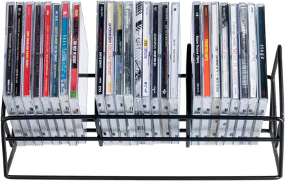 MyGift 3 Slot CD Holder, 30 Capacity Black Metal Media Organizer Rack | Three-slot stand stores up to 30 jewel cases for CDs, DVDs, and video games in a compact tabletop design