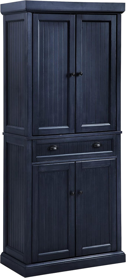 Crosley Furniture Seaside Coastal Pantry Storage Cabinet with Shelves, Kitchen, Dining, or Laundry Room, Distressed Navy