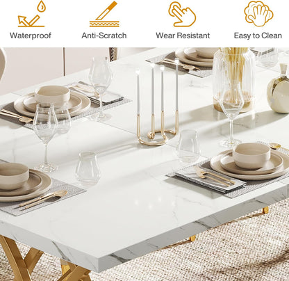 Tribesigns 63" Dining Table for 4 to 6, White and Gold Kitchen Table | Modern Large Rectangular Dinner Table Kitchen & Dining Room Furniture with Faux Marble Tabletop and Geometric Legs