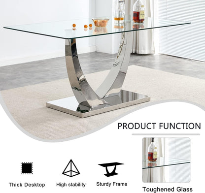 Mid Century Modern Glass Dining Table Set for 6 with Bench, 63'' Large Luxury Clear Rectangular Glass Top Dinner Room Set, 6 PCS Retro Furniture Kitchen Set, Black High-end Tufted Chairs
