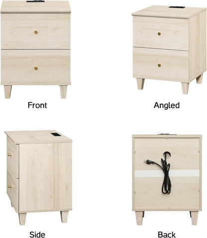 WAMPAT Nightstands with Charging Station&2 Sliding Storage Drawers, Modern Farmhouse End Tables Wood Bedside Table with 2 AC Outlets & USB Ports for Living Room, Bedroom, Light Oak